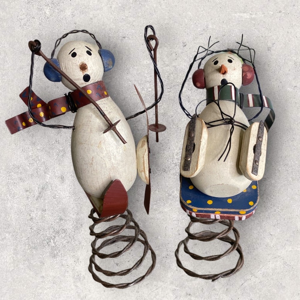 Wooden Snowmen on skis & ice skates tree topper